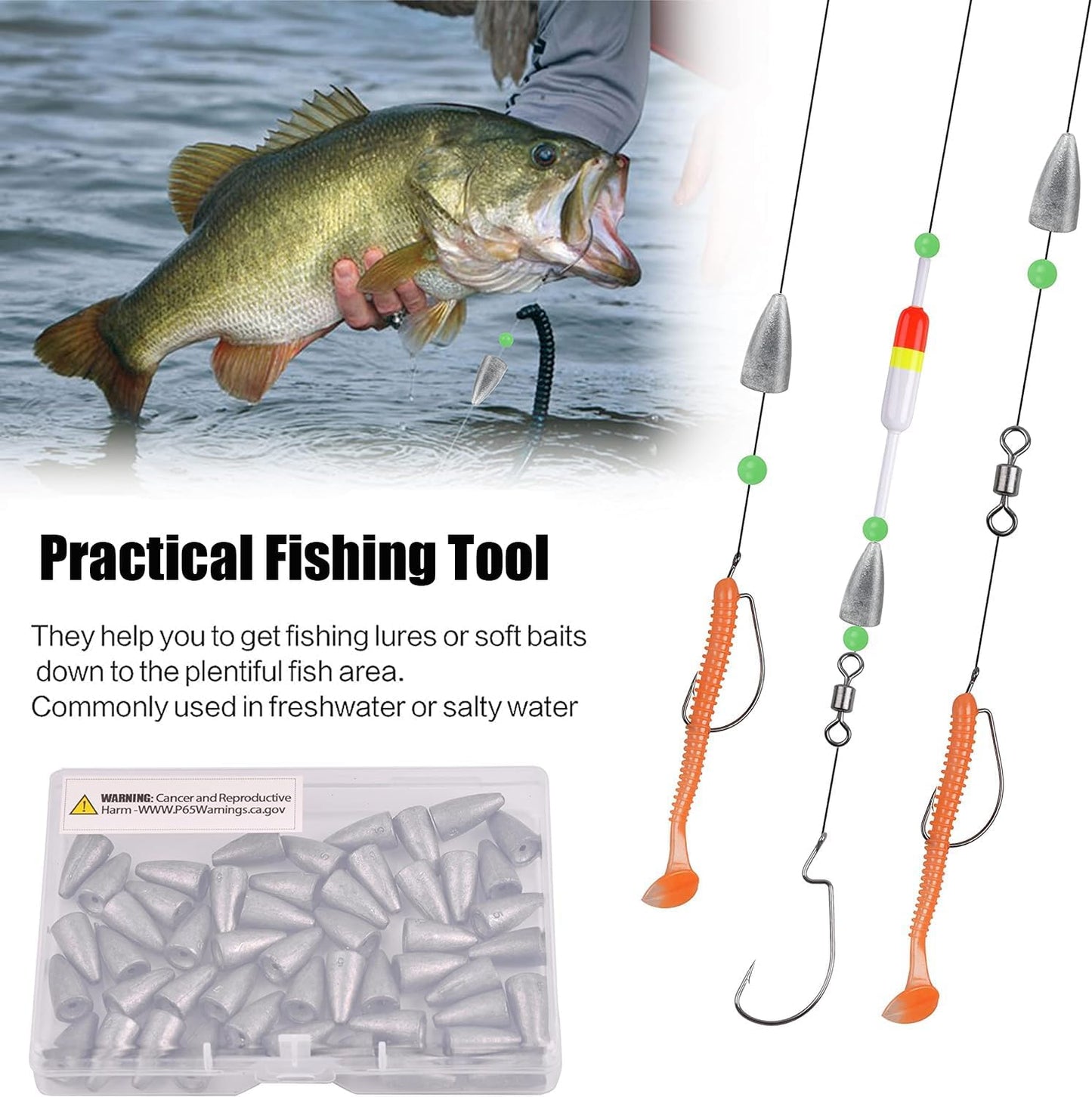 Fishing Weights 30pcs Bullet Sinkers Worm Weights for Bass Fishing Carolina Rig Texas Rig Slip Sinker Sliding Weights Lead Fishing Weights Saltwater Freshwater