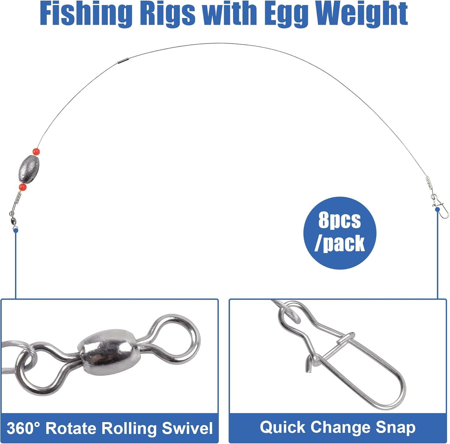 Fishing Egg Sinker Rigs, 8pcs Catfish Rigs Saltwater Flounder Rigs Fishing Wire Leader Rigs with Egg Weights Swivel Snaps Fishing Ready Rigs Bottom Rig