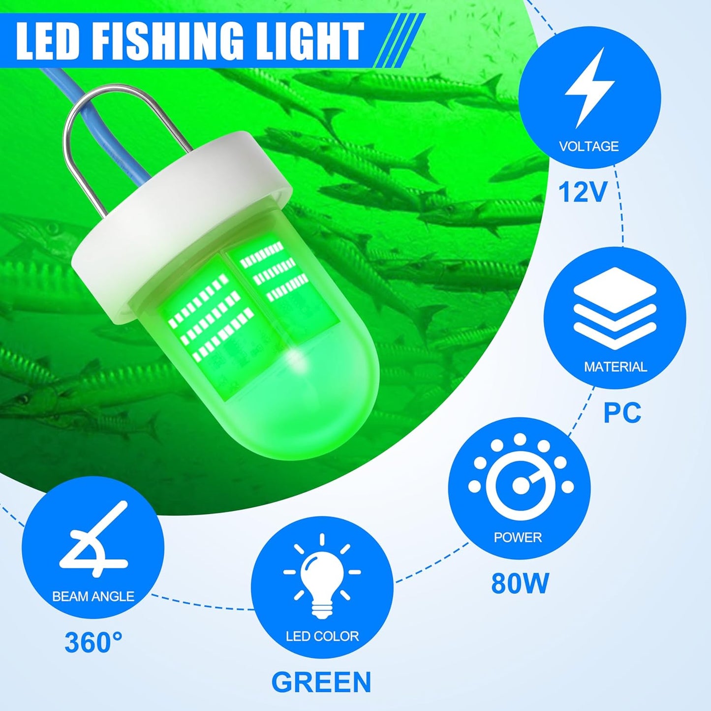 Underwater Fishing Light Super Bright 40000 Lumens 12V LED Submersible Fish Bait Finder Night Deep Drop Fishing Light for Snook Crappie Shrimp Squid Fish