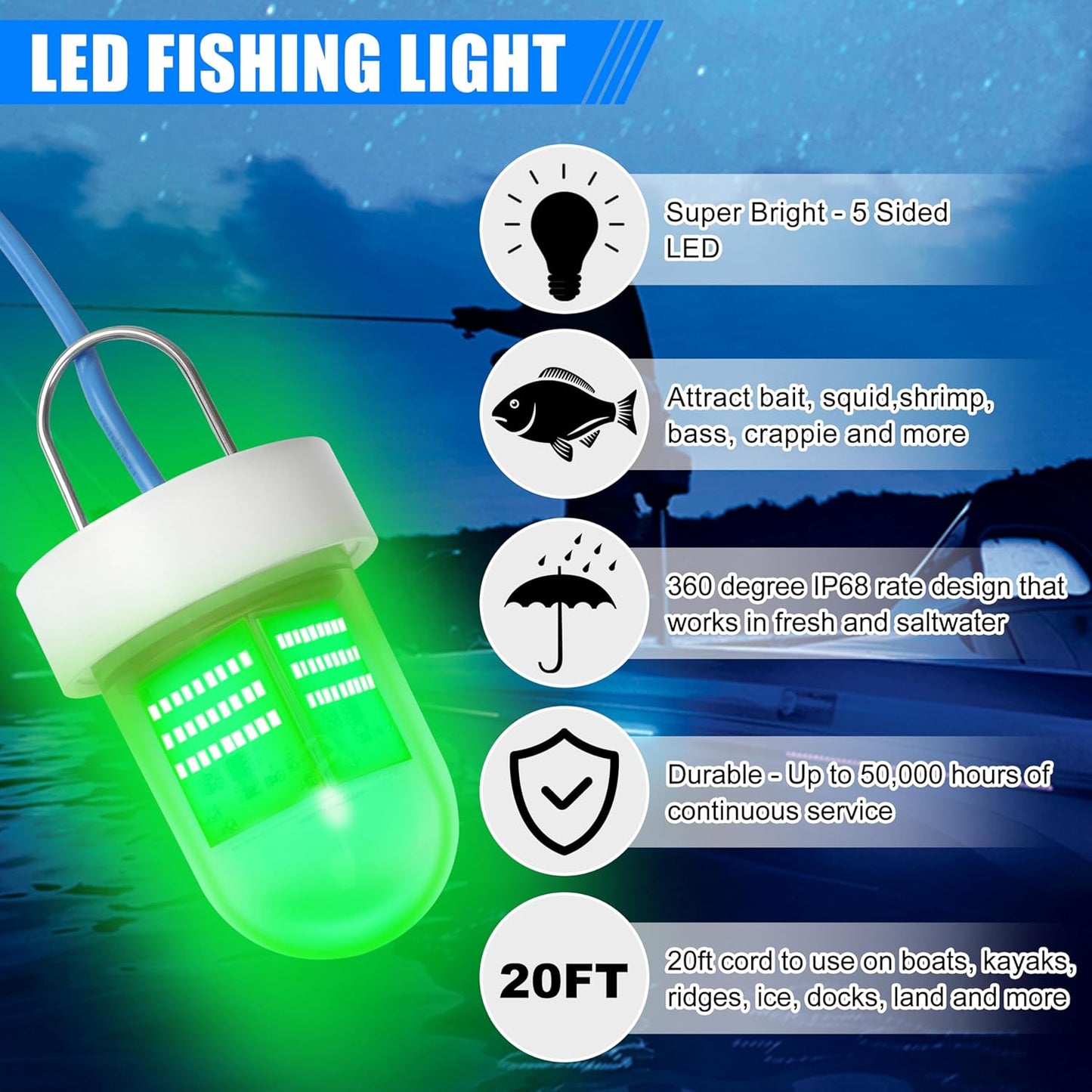 Underwater Fishing Light Super Bright 40000 Lumens 12V LED Submersible Fish Bait Finder Night Deep Drop Fishing Light for Snook Crappie Shrimp Squid Fish
