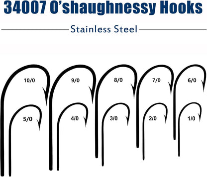 Saltwater Fishing J Hooks O'Shaughnessy Forged Extra Strong Stainless Steel Trolling Sea Bass Striper Snapper Fishing Hooks, Size 1/0-10/0