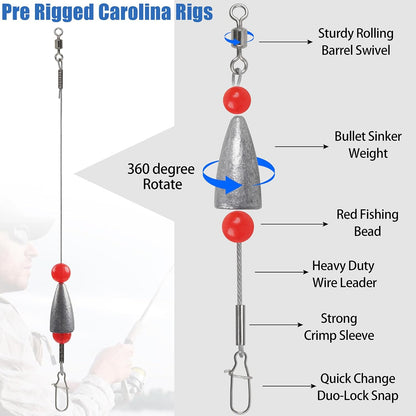 Carolina Rig Bass Fishing Ready Tied Fishing Leaders with Bullet Sinkers Weights Pre Rigged Catfish Carolina Rigs 3/8oz 1/2oz 3/4oz