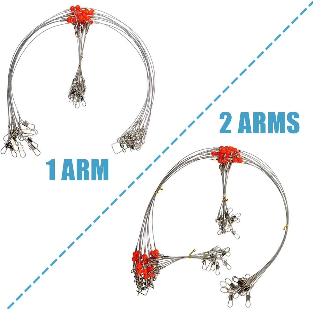Stainless Steel Fishing Rigs, 12pcs Fishing Wire Leader Rigs Saltwater Bottom Fishing Rig with Swivel Snap Bead 1 Arm 2 Arms Surf Fishing Rigs for Lures Bait Rig Hooks