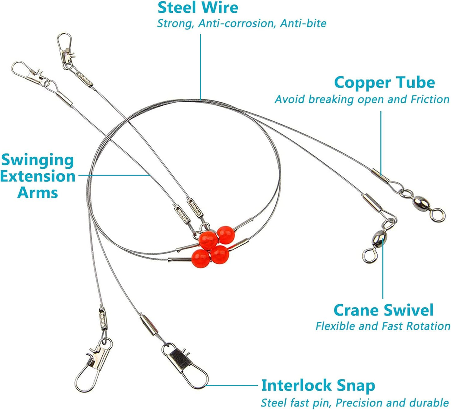 Stainless Steel Fishing Rigs, 12pcs Fishing Wire Leader Rigs Saltwater Bottom Fishing Rig with Swivel Snap Bead 1 Arm 2 Arms Surf Fishing Rigs for Lures Bait Rig Hooks