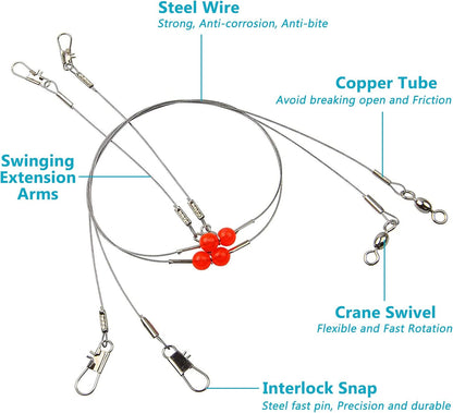 Stainless Steel Fishing Rigs, 12pcs Fishing Wire Leader Rigs Saltwater Bottom Fishing Rig with Swivel Snap Bead 1 Arm 2 Arms Surf Fishing Rigs for Lures Bait Rig Hooks