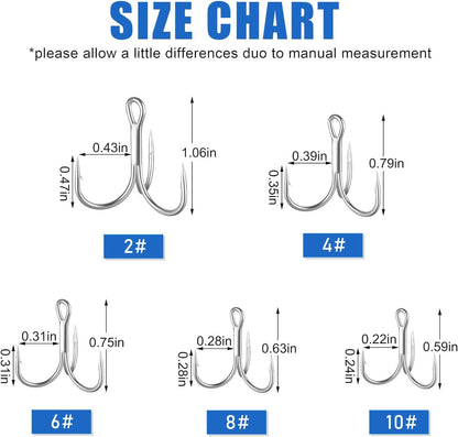 Fishing Treble Hooks Triple Fishing Hooks High Carbon Steel Barbed Sharp Round Bend Treble Hooks Replacement for Hard Lures Bait