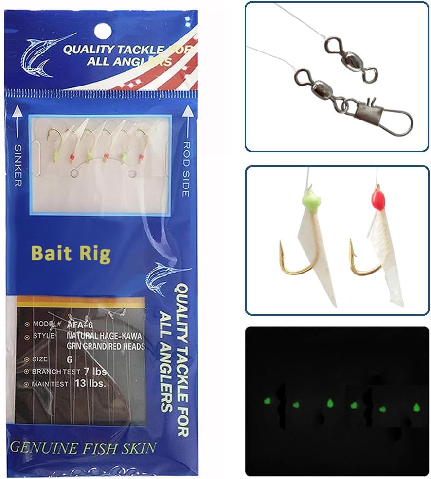 Fishing Bait Rigs Set 15 Packs String Hooks Glow Lure Rig Saltwater Surf Fishing Rigs with Real Fish Skin, Sharp Hooks Swivels for Mackeral Herring Baitfish