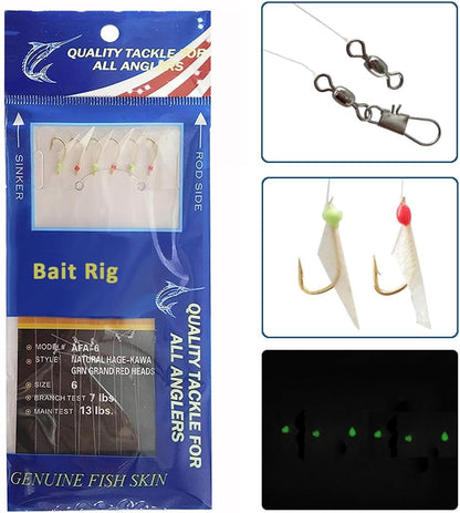 Fishing Bait Rigs Set 15 Packs String Hooks Glow Lure Rig Saltwater Surf Fishing Rigs with Real Fish Skin, Sharp Hooks Swivels for Mackeral Herring Baitfish