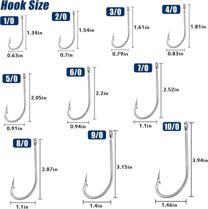 Saltwater Fishing J Hooks O'Shaughnessy Forged Extra Strong Stainless Steel Trolling Sea Bass Striper Snapper Fishing Hooks, Size 1/0-10/0