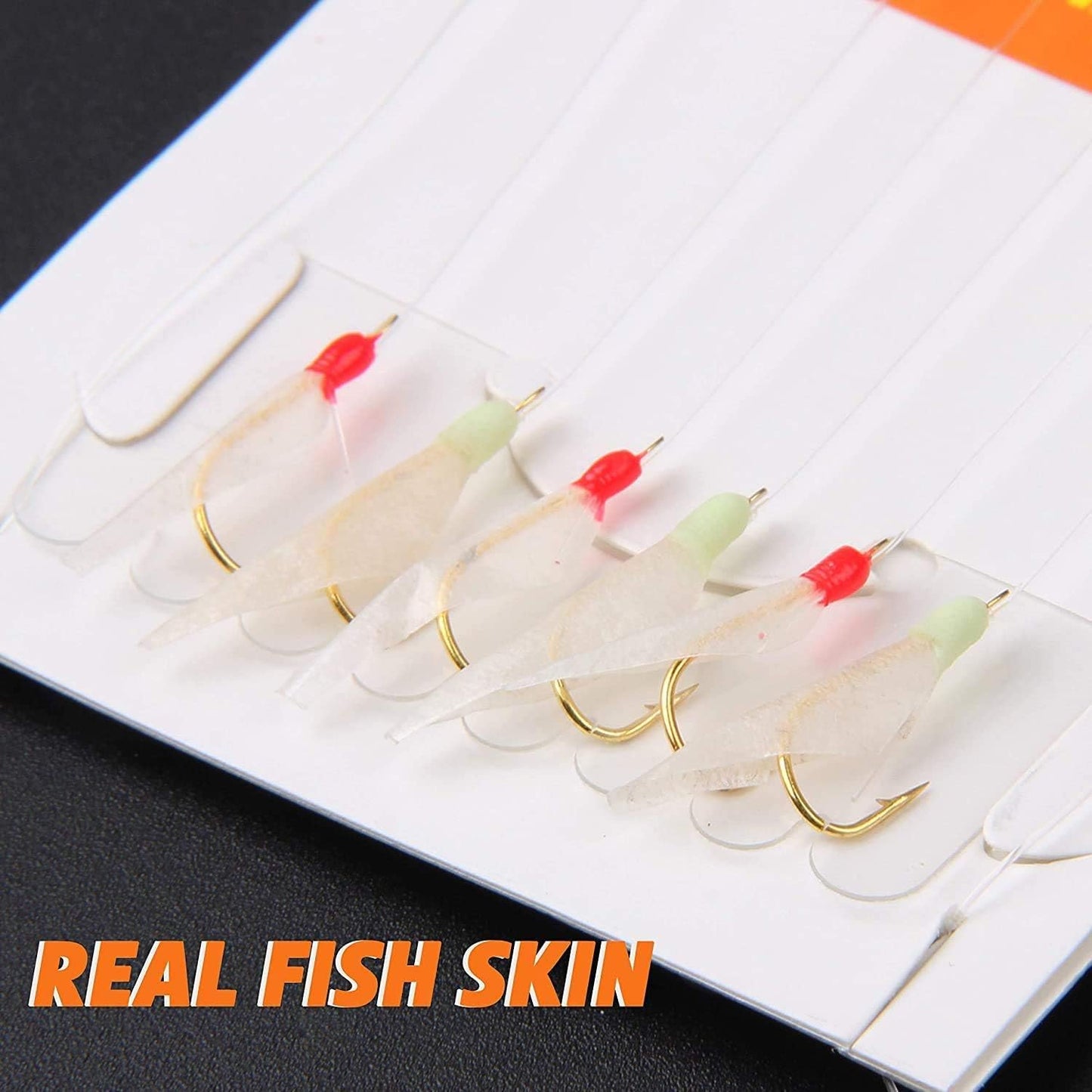Fishing Bait Rigs Set 15 Packs String Hooks Glow Lure Rig Saltwater Surf Fishing Rigs with Real Fish Skin, Sharp Hooks Swivels for Mackeral Herring Baitfish