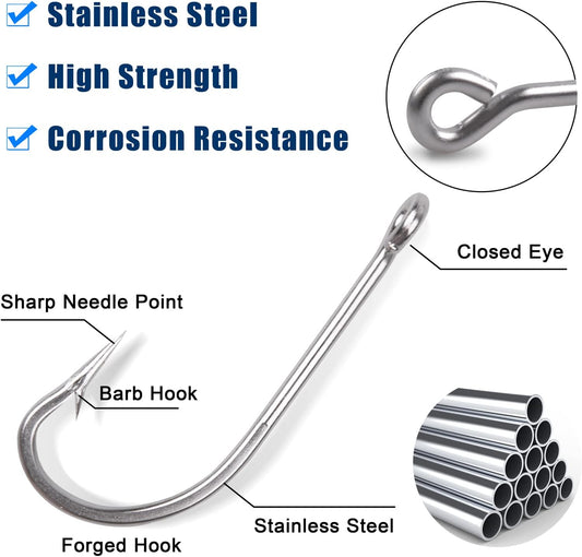 Saltwater Fishing J Hooks O'Shaughnessy Forged Extra Strong Stainless Steel Trolling Sea Bass Striper Snapper Fishing Hooks, Size 1/0-10/0