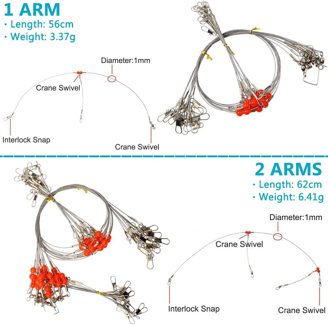 Stainless Steel Fishing Rigs, 12pcs Fishing Wire Leader Rigs Saltwater Bottom Fishing Rig with Swivel Snap Bead 1 Arm 2 Arms Surf Fishing Rigs for Lures Bait Rig Hooks