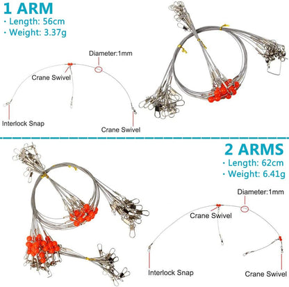 Stainless Steel Fishing Rigs, 12pcs Fishing Wire Leader Rigs Saltwater Bottom Fishing Rig with Swivel Snap Bead 1 Arm 2 Arms Surf Fishing Rigs for Lures Bait Rig Hooks