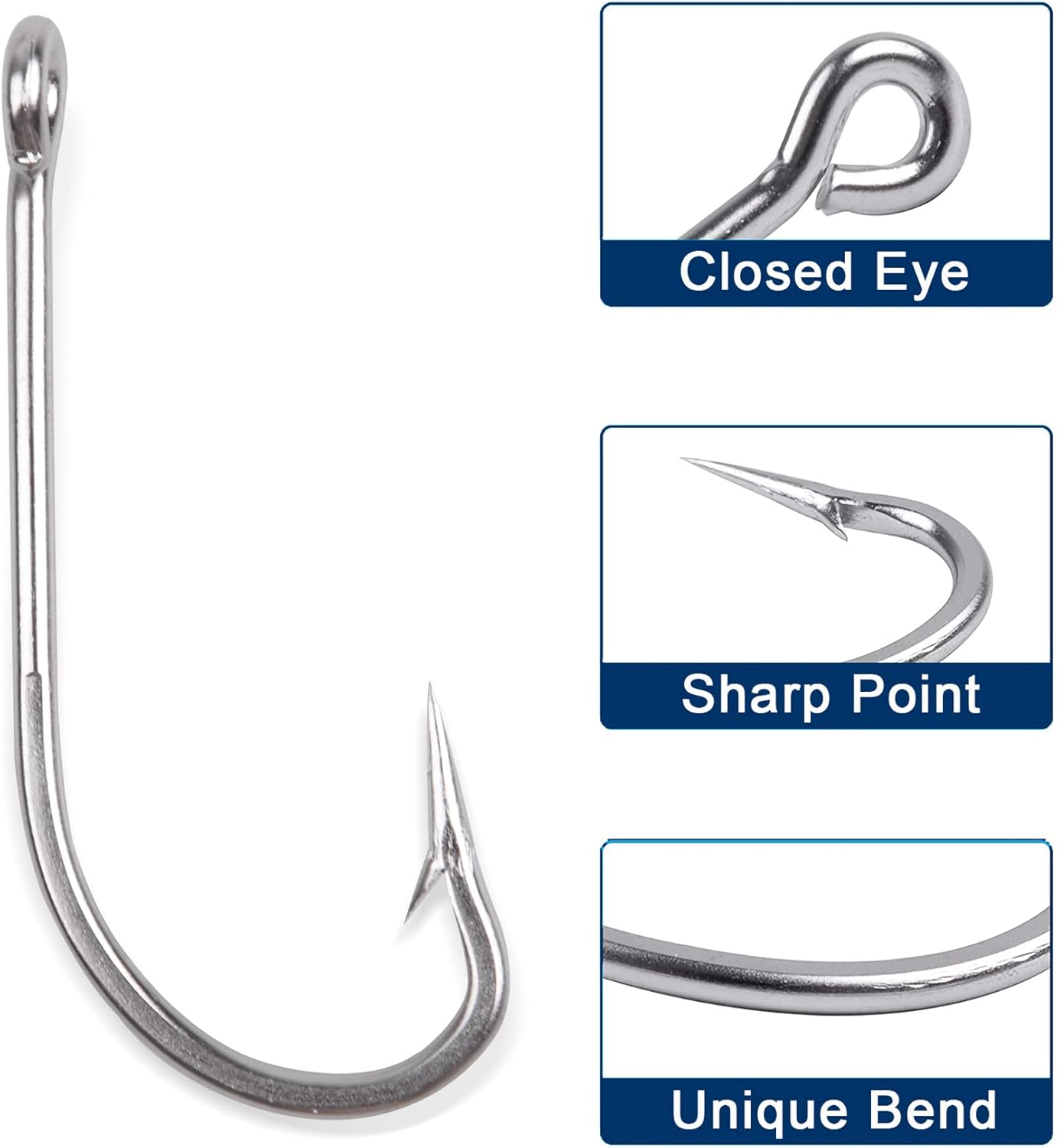 Saltwater Fishing J Hooks O'Shaughnessy Forged Extra Strong Stainless Steel Trolling Sea Bass Striper Snapper Fishing Hooks, Size 1/0-10/0