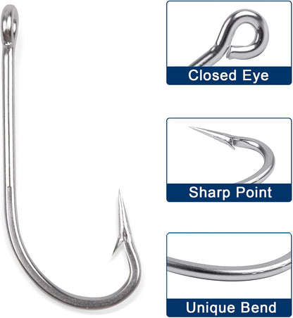 Saltwater Fishing J Hooks O'Shaughnessy Forged Extra Strong Stainless Steel Trolling Sea Bass Striper Snapper Fishing Hooks, Size 1/0-10/0