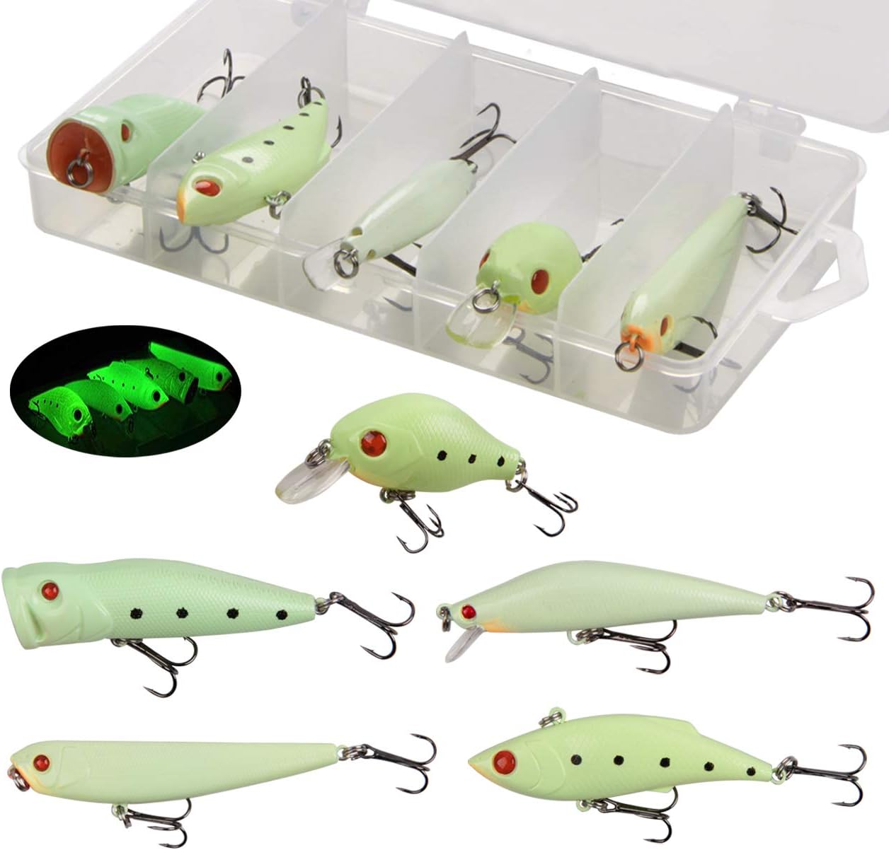 Glow Fishing Lures Bait Kit Luminous VIB Popper Crank Minnow Pencil Hard Bait with Treble Hook Night Fishing Bait Tackle Box