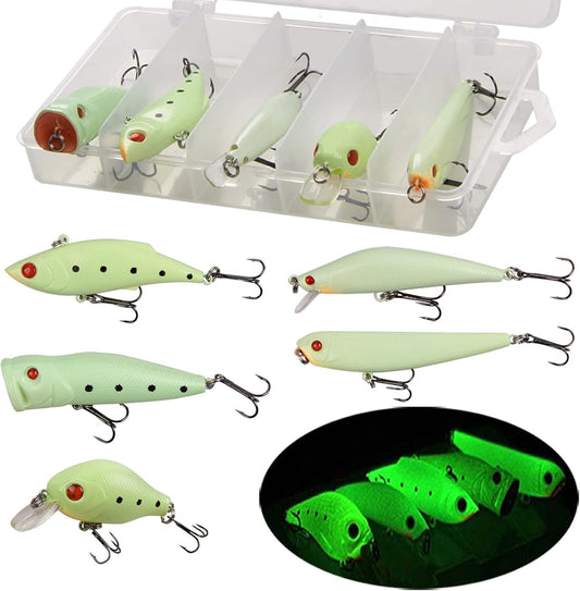 Glow Fishing Lures Bait Kit Luminous VIB Popper Crank Minnow Pencil Hard Bait with Treble Hook Night Fishing Bait Tackle Box