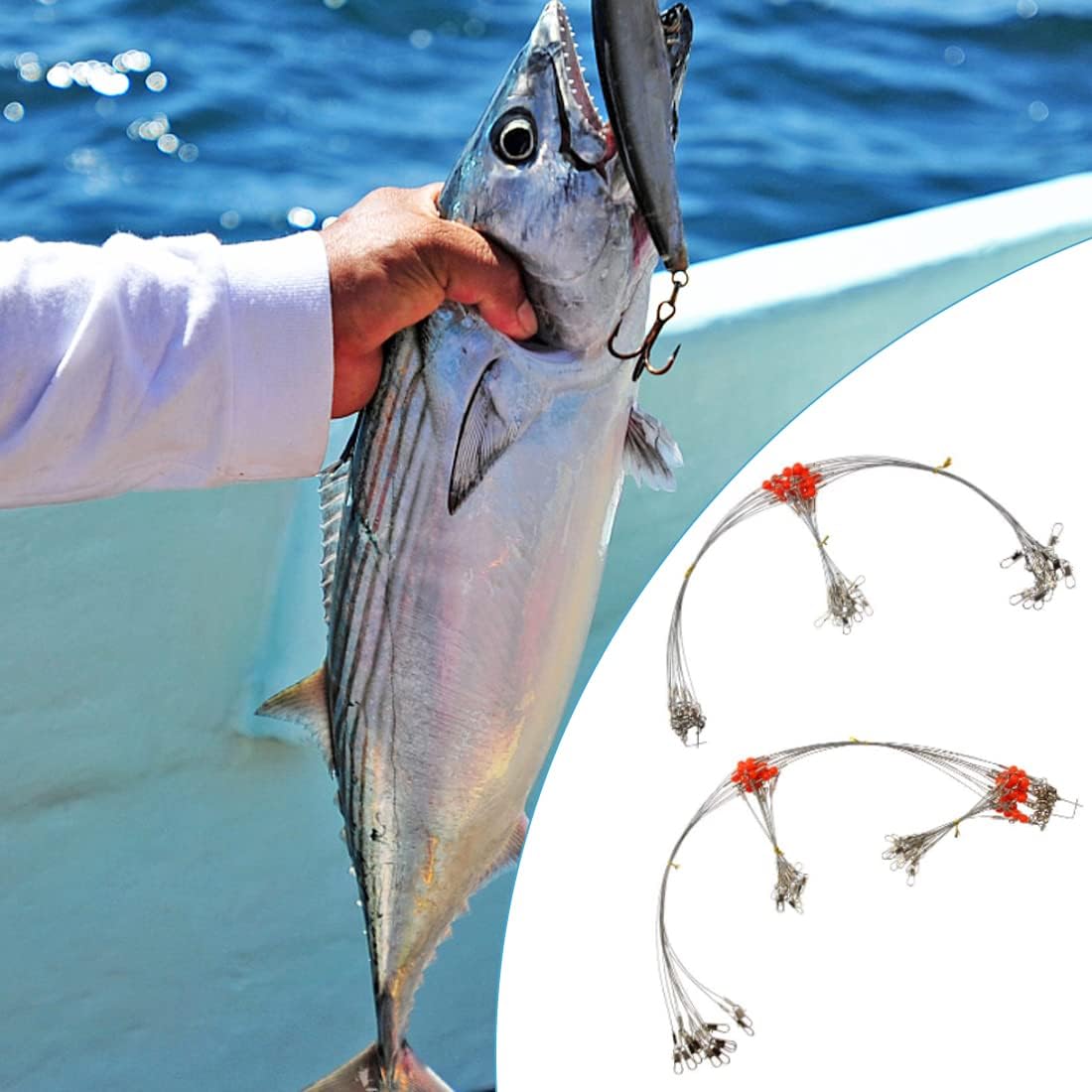Stainless Steel Fishing Rigs, 12pcs Fishing Wire Leader Rigs Saltwater Bottom Fishing Rig with Swivel Snap Bead 1 Arm 2 Arms Surf Fishing Rigs for Lures Bait Rig Hooks