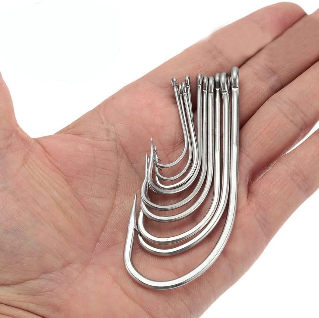 Saltwater Fishing J Hooks O'Shaughnessy Forged Extra Strong Stainless Steel Trolling Sea Bass Striper Snapper Fishing Hooks, Size 1/0-10/0