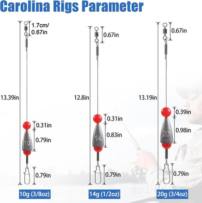 Carolina Rig Bass Fishing Ready Tied Fishing Leaders with Bullet Sinkers Weights Pre Rigged Catfish Carolina Rigs 3/8oz 1/2oz 3/4oz