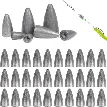 Fishing Weights 30pcs Bullet Sinkers Worm Weights for Bass Fishing Carolina Rig Texas Rig Slip Sinker Sliding Weights Lead Fishing Weights Saltwater Freshwater