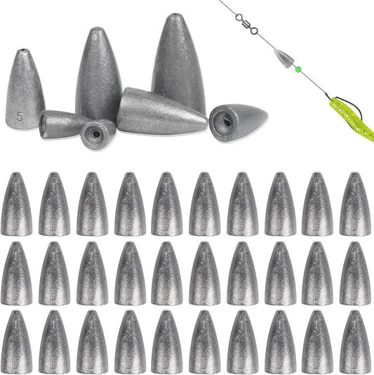 Fishing Weights 30pcs Bullet Sinkers Worm Weights for Bass Fishing Carolina Rig Texas Rig Slip Sinker Sliding Weights Lead Fishing Weights Saltwater Freshwater