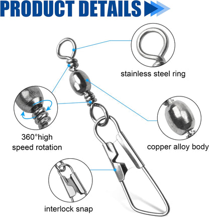 Fishing Barrel Swivel with Nice Snap-100pcs Fishing Connector Snap Swivels Solid Rings Fishing High Strength Fishing Accessories Fishing Tackle