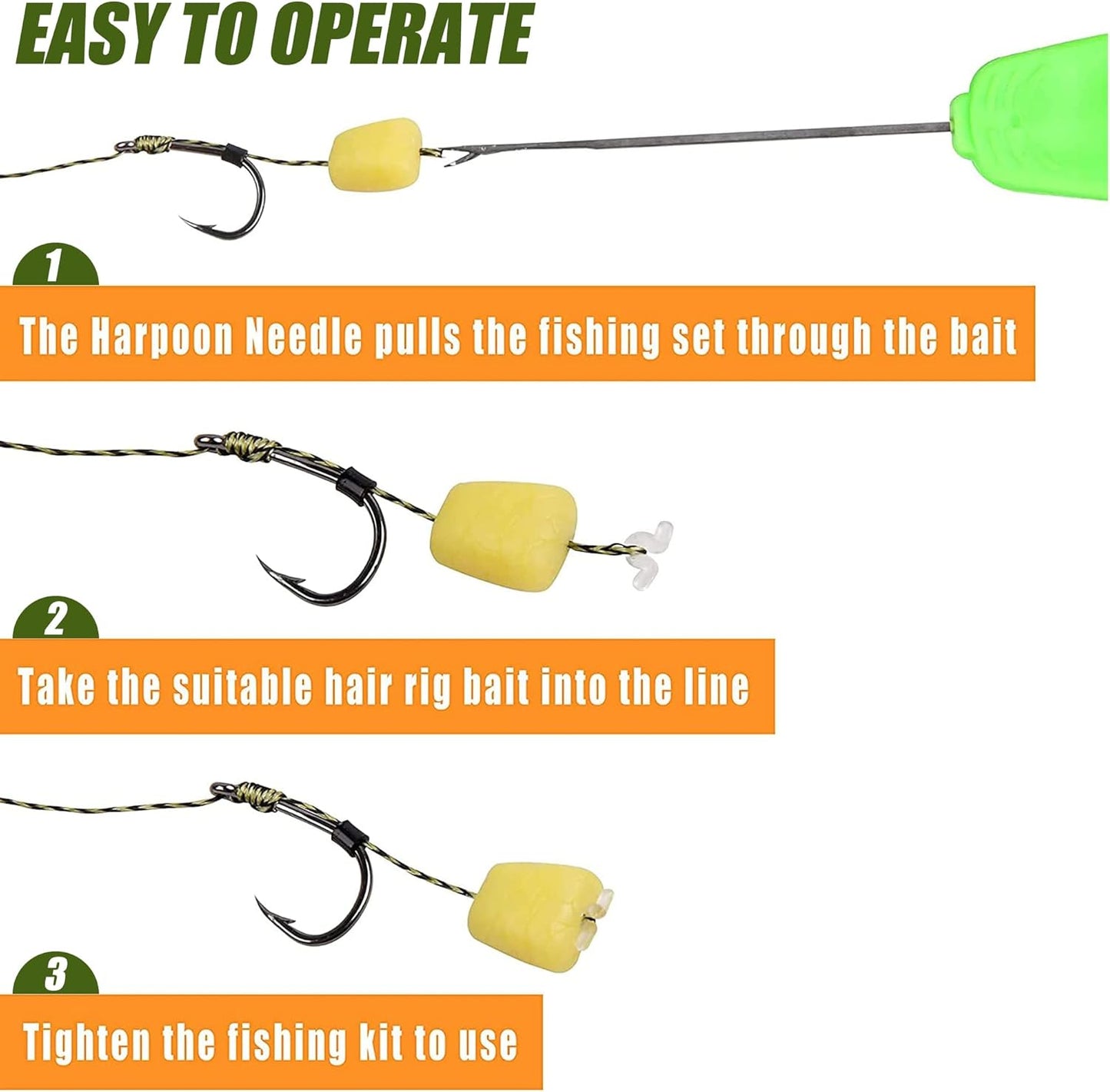 Carp Fishing Hair Rigs Kit - 18pcs High Carbon Steel Hook Rolling Swivel Boilies Carp Fishing Rigs with 2 Card Boilie Bait Stops 4 Sizes Stringer Needles 30pcs Soft Corn Baits