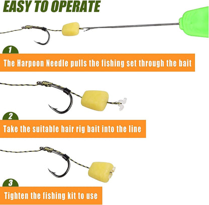 Carp Fishing Hair Rigs Kit - 18pcs High Carbon Steel Hook Rolling Swivel Boilies Carp Fishing Rigs with 2 Card Boilie Bait Stops 4 Sizes Stringer Needles 30pcs Soft Corn Baits