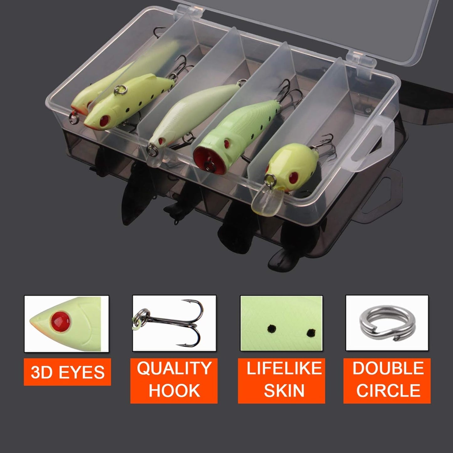 Glow Fishing Lures Bait Kit Luminous VIB Popper Crank Minnow Pencil Hard Bait with Treble Hook Night Fishing Bait Tackle Box