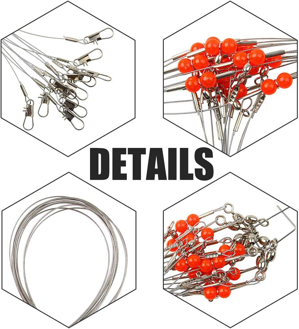 Stainless Steel Fishing Rigs, 12pcs Fishing Wire Leader Rigs Saltwater Bottom Fishing Rig with Swivel Snap Bead 1 Arm 2 Arms Surf Fishing Rigs for Lures Bait Rig Hooks