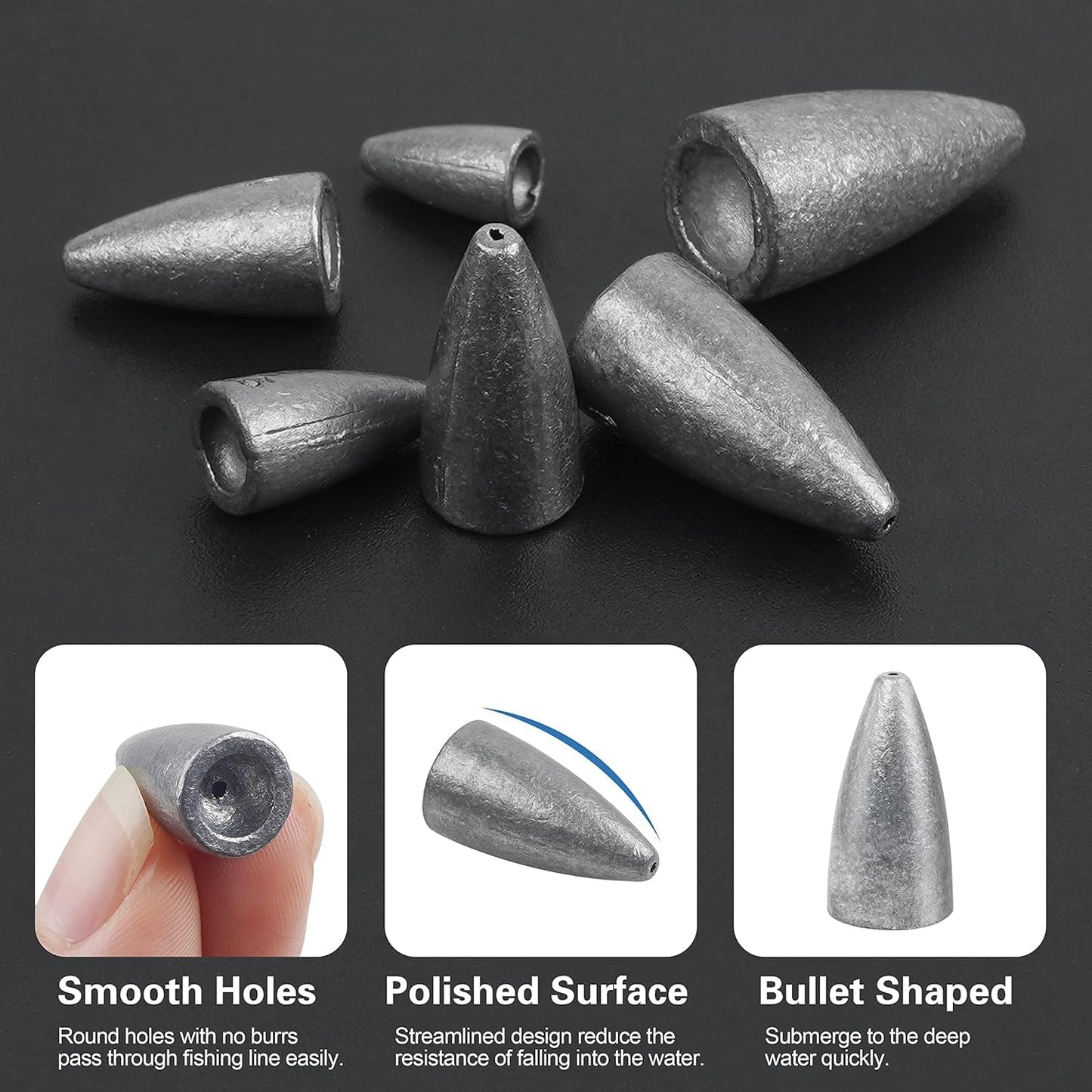 Fishing Weights 30pcs Bullet Sinkers Worm Weights for Bass Fishing Carolina Rig Texas Rig Slip Sinker Sliding Weights Lead Fishing Weights Saltwater Freshwater