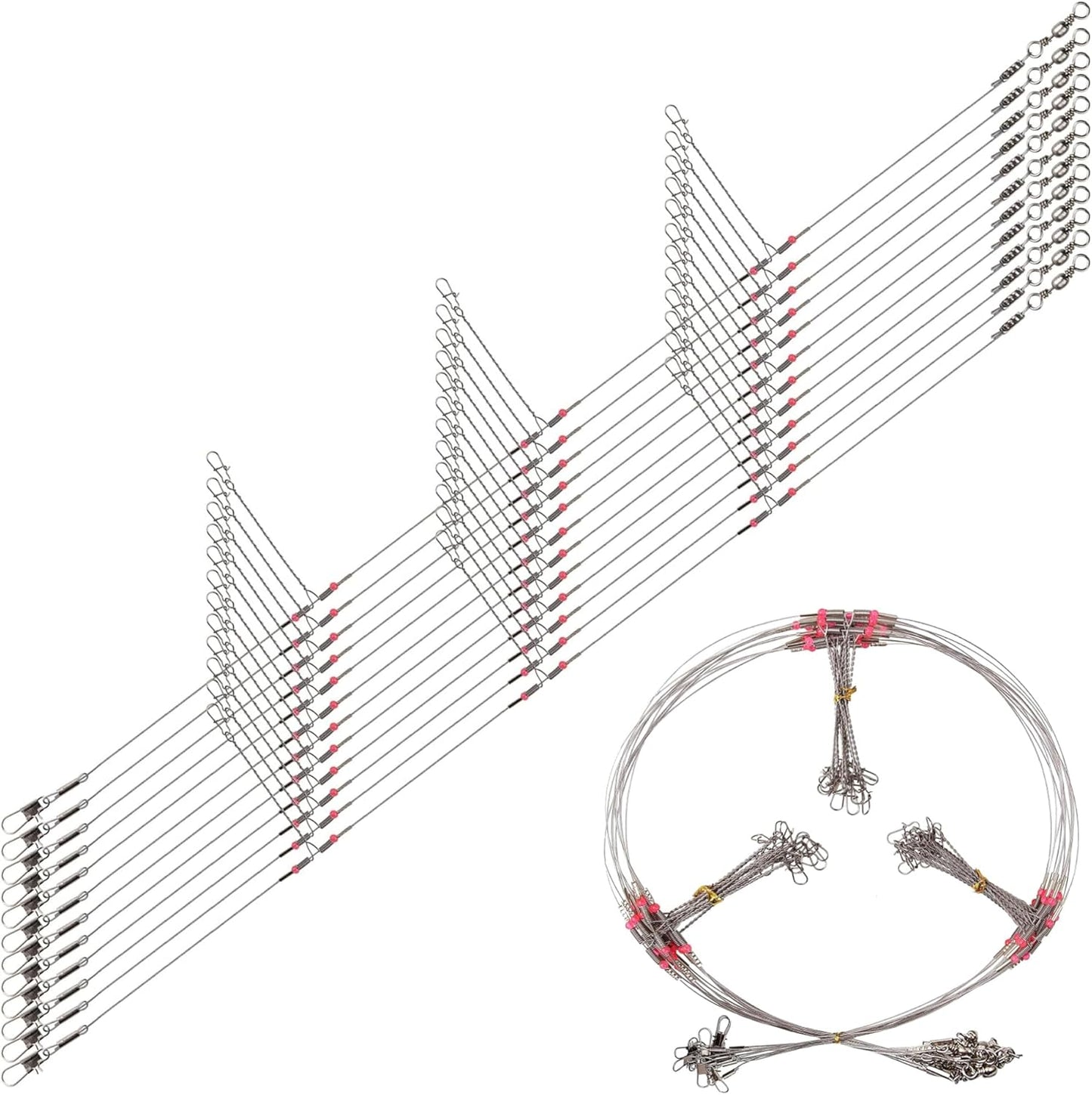 Fishing Leaders for Saltwater Freshwater, 12pcs Stainless Steel Leaders with Swivels Snaps Beads Wire Trace Leader for Lure Bait Hook Connector Fishing Line Tackle