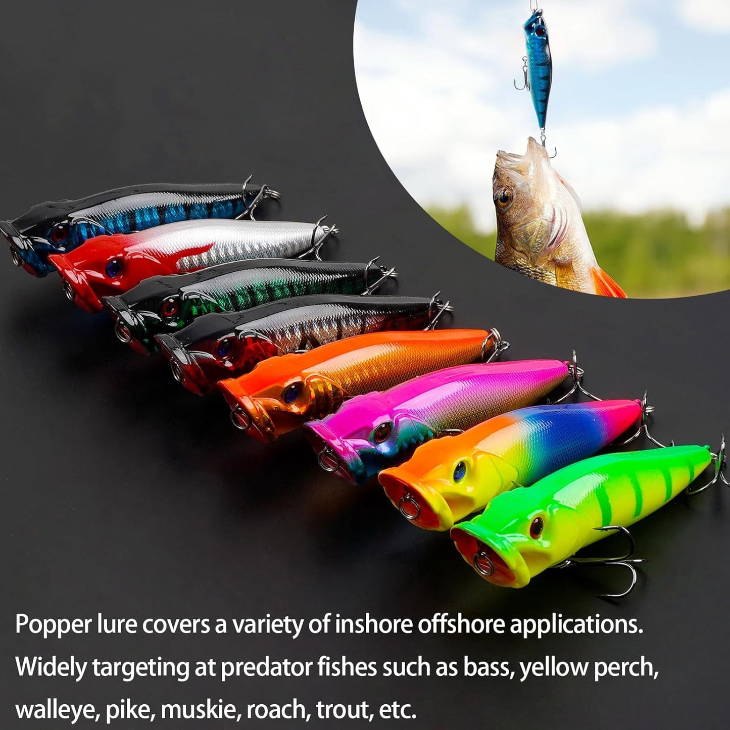Topwater Popper Fishing Lure Bass Fishing Lures Hard Bait Lure with Treble Hook 3D Eyes Saltwater Popper Lures Surf Casting Lures Kit for Bass Trout Walleye Freshwater Saltwater Fishing