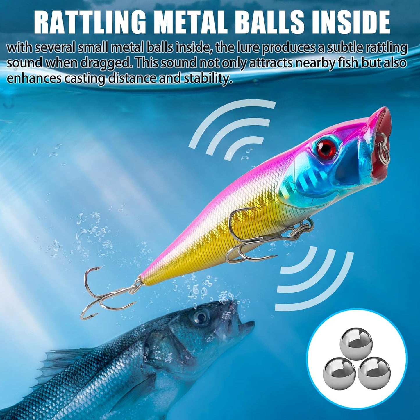 Topwater Popper Fishing Lure Bass Fishing Lures Hard Bait Lure with Treble Hook 3D Eyes Saltwater Popper Lures Surf Casting Lures Kit for Bass Trout Walleye Freshwater Saltwater Fishing