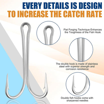 Classic Double Fishing Hooks Stainless Steel Frog Hooks Fishing Double Hooks Sharp Open Shank Barbed for Saltwater Freshwater Fishing 10pcs
