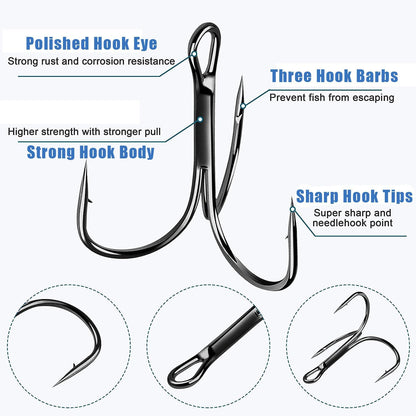 Fishing Treble Hooks Triple Fishing Hooks High Carbon Steel Barbed Sharp Round Bend Treble Hooks Replacement for Hard Lures Bait