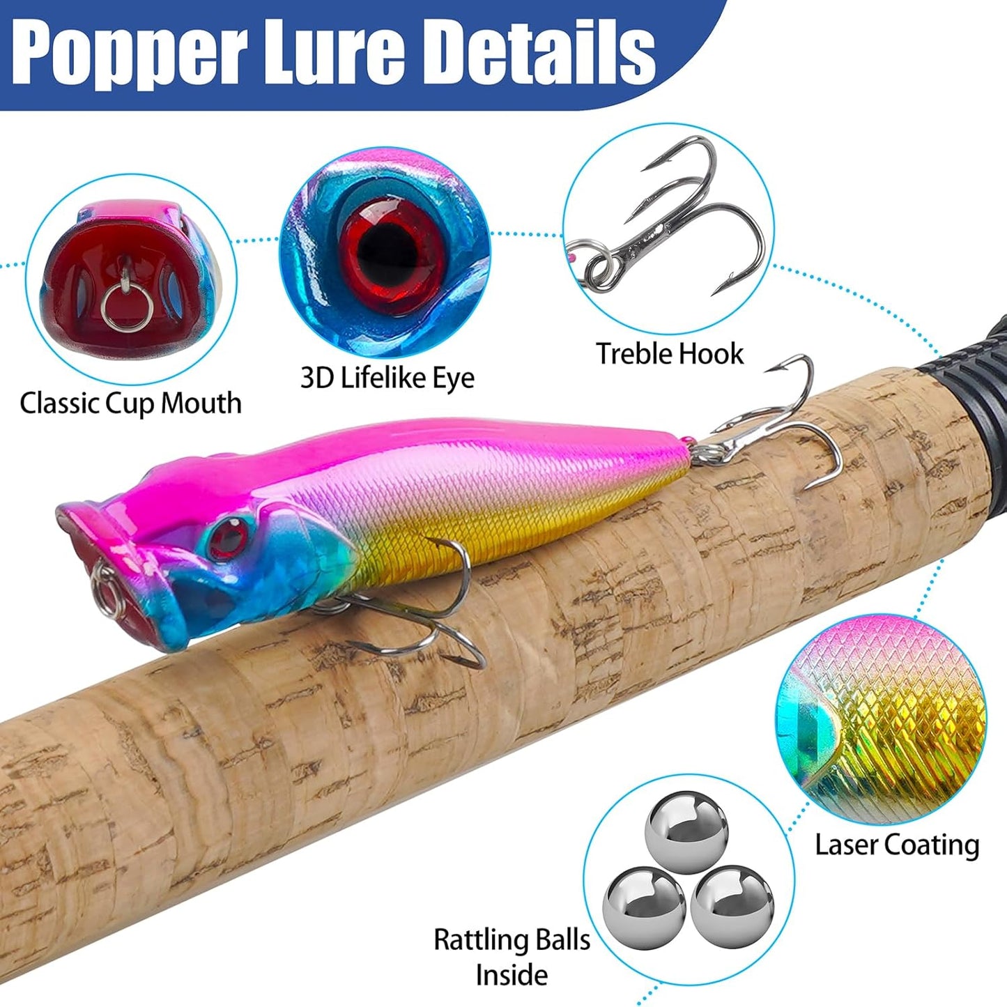 Topwater Popper Fishing Lure Bass Fishing Lures Hard Bait Lure with Treble Hook 3D Eyes Saltwater Popper Lures Surf Casting Lures Kit for Bass Trout Walleye Freshwater Saltwater Fishing