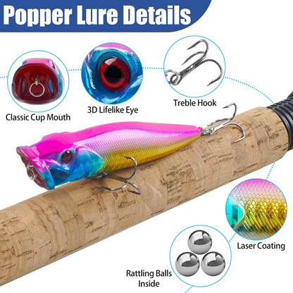 Topwater Popper Fishing Lure Bass Fishing Lures Hard Bait Lure with Treble Hook 3D Eyes Saltwater Popper Lures Surf Casting Lures Kit for Bass Trout Walleye Freshwater Saltwater Fishing