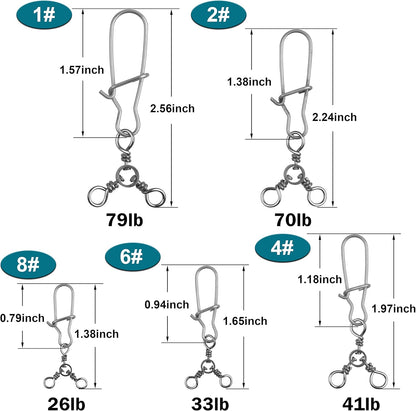 3 Way Snap Swivels Fishing Tackle, 25pcs High Strength T-Turn Fishing Swivels with Snaps Saltwater Fishing Lure Connectors for Trolling Catfish Rig