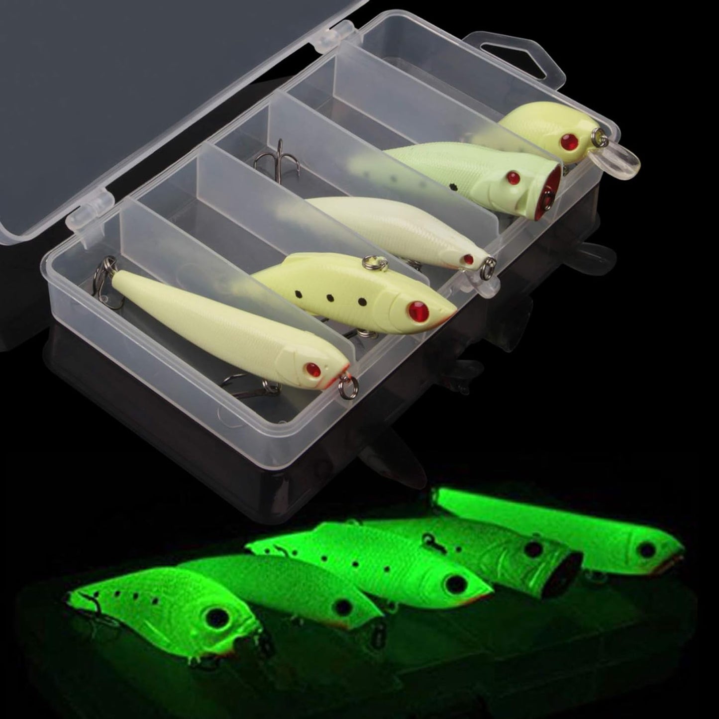 Glow Fishing Lures Bait Kit Luminous VIB Popper Crank Minnow Pencil Hard Bait with Treble Hook Night Fishing Bait Tackle Box