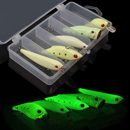 Glow Fishing Lures Bait Kit Luminous VIB Popper Crank Minnow Pencil Hard Bait with Treble Hook Night Fishing Bait Tackle Box