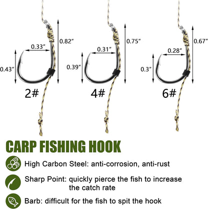 Carp Fishing Hair Rigs Kit - 18pcs High Carbon Steel Hook Rolling Swivel Boilies Carp Fishing Rigs with 2 Card Boilie Bait Stops 4 Sizes Stringer Needles 30pcs Soft Corn Baits