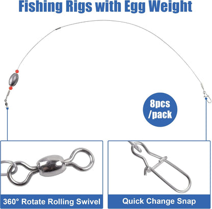 Fishing Egg Sinker Rigs, 8pcs Catfish Rigs Saltwater Flounder Rigs Fishing Wire Leader Rigs with Egg Weights Swivel Snaps Fishing Ready Rigs Bottom Rig