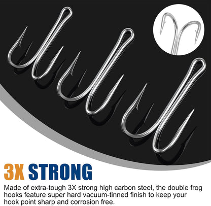 Classic Double Fishing Hooks Stainless Steel Frog Hooks Fishing Double Hooks Sharp Open Shank Barbed for Saltwater Freshwater Fishing 10pcs
