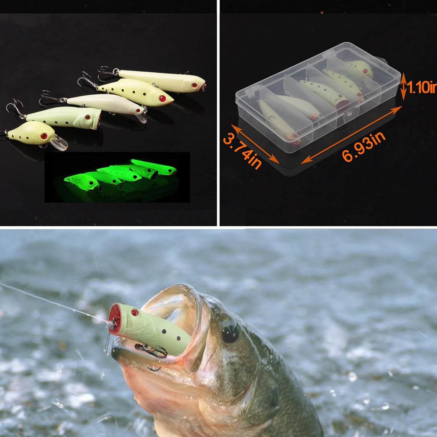 Glow Fishing Lures Bait Kit Luminous VIB Popper Crank Minnow Pencil Hard Bait with Treble Hook Night Fishing Bait Tackle Box