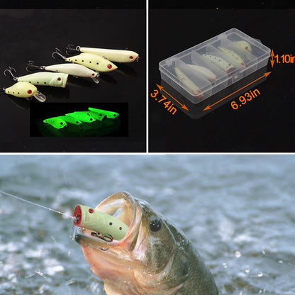 Glow Fishing Lures Bait Kit Luminous VIB Popper Crank Minnow Pencil Hard Bait with Treble Hook Night Fishing Bait Tackle Box