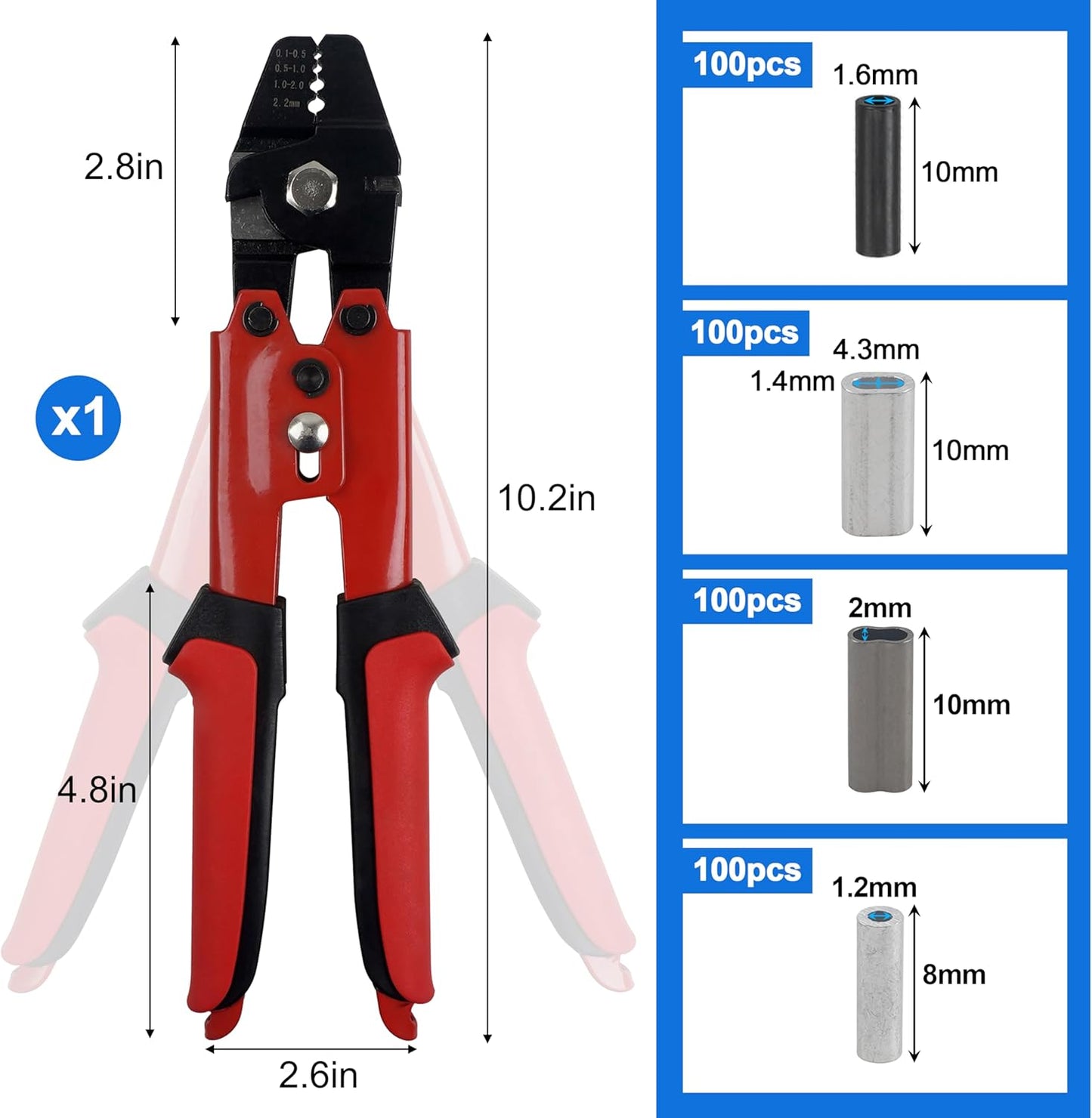 Fishing Crimping Tool Kit, Fishing Crimp Pliers with 500pcs Crimp Sleeves Beads Set, Heavy Duty Wire Leader Rope Crimper Tool Wire Cutter Aluminum Copper Loop Sleeves