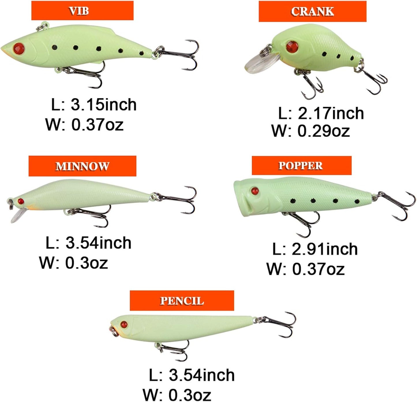 Glow Fishing Lures Bait Kit Luminous VIB Popper Crank Minnow Pencil Hard Bait with Treble Hook Night Fishing Bait Tackle Box