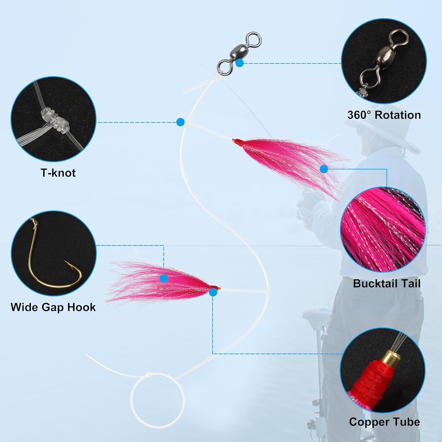Fishing Bait Rigs Saltwater, 6pcs Fishing Rigs Flounder Rigs with Bucktail Teaser Mylar Teaser Saltwater Fishing Rigs Hi Lo Rig for Sea Bass Halibut Surf Ocean Fishing